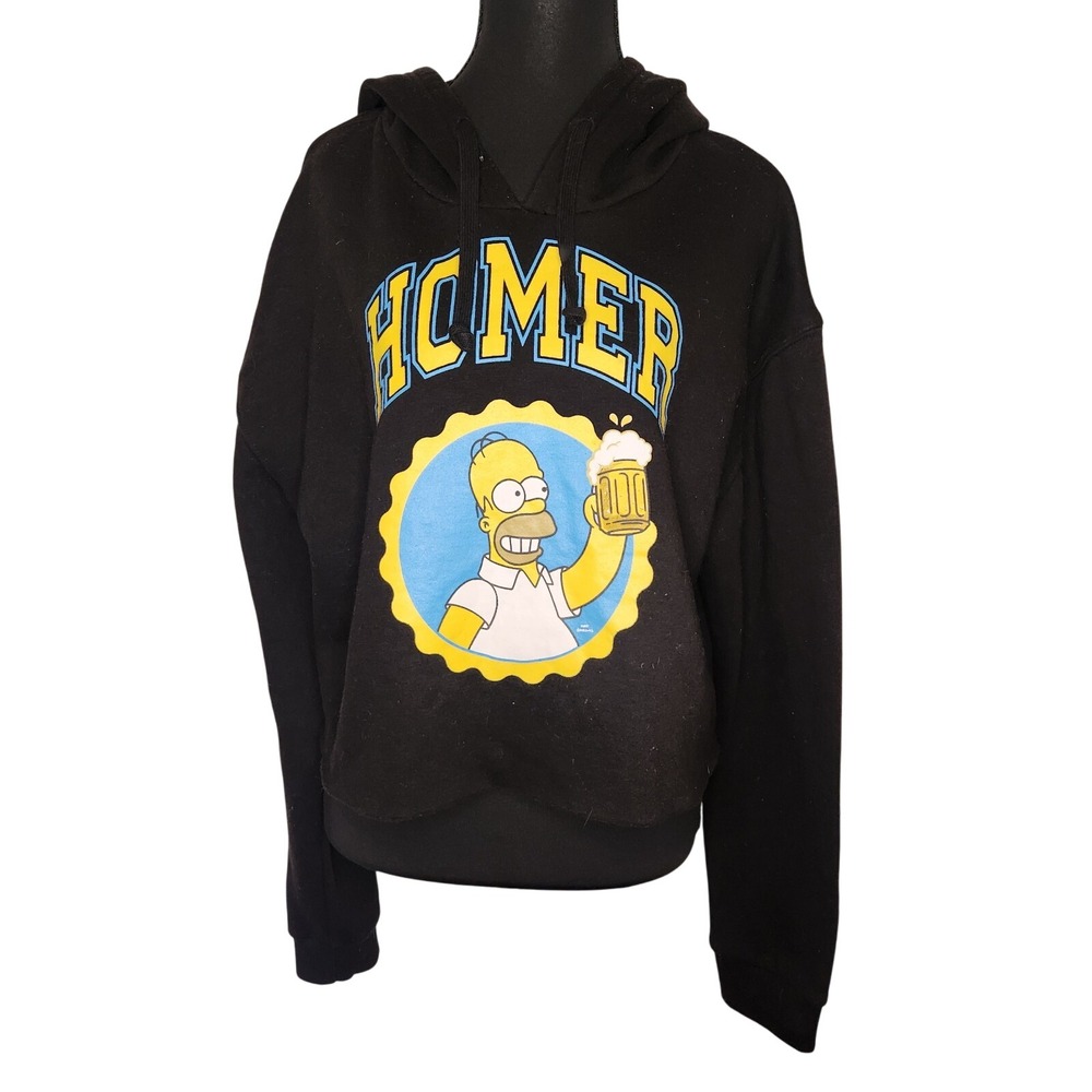 Simpsons Cropped Hoodie Women Large Black Homer Beer Raw Hem